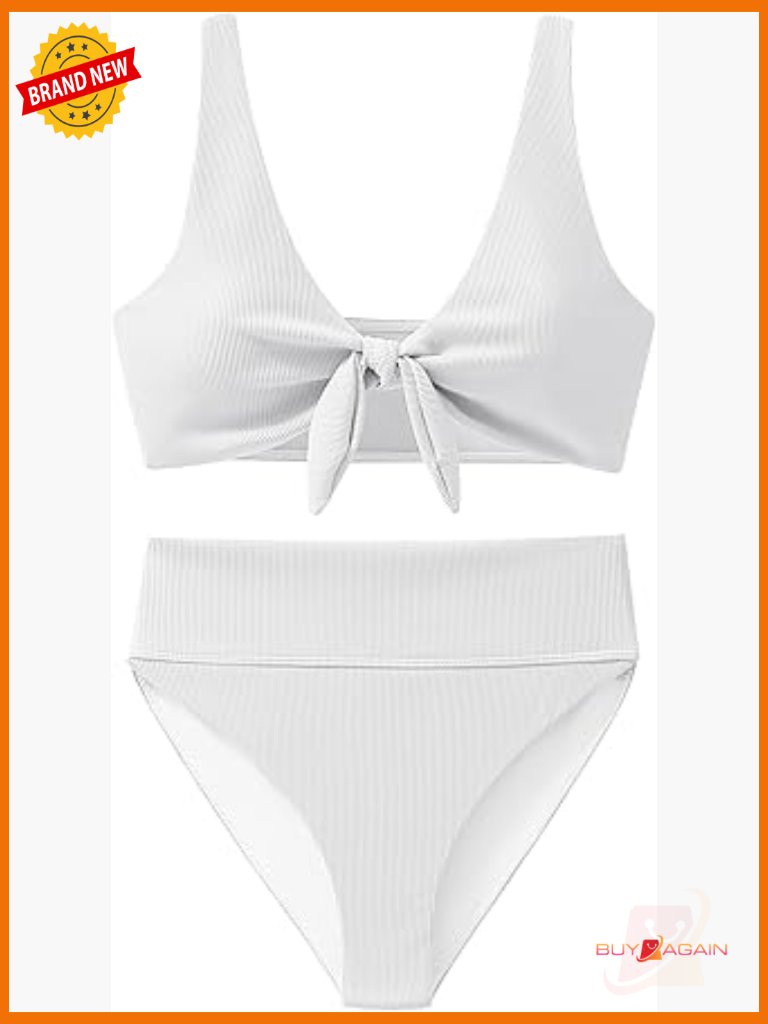 High Waisted Bikini Set Ribbed Tie Knot Swimwear 2 Piece Tummy Control Swimsuit